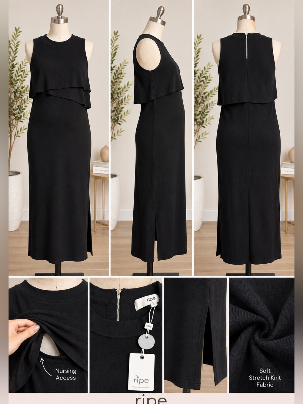 ripe maternity layered knit nursing dress black size S NWT